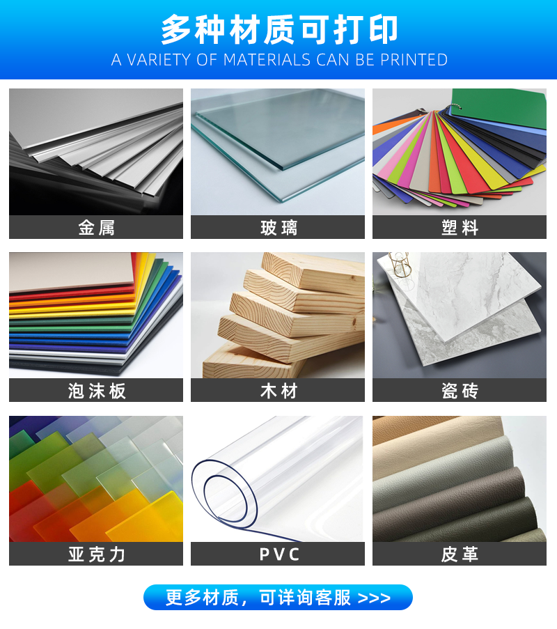 可打印的材料：金屬。玻璃、塑料